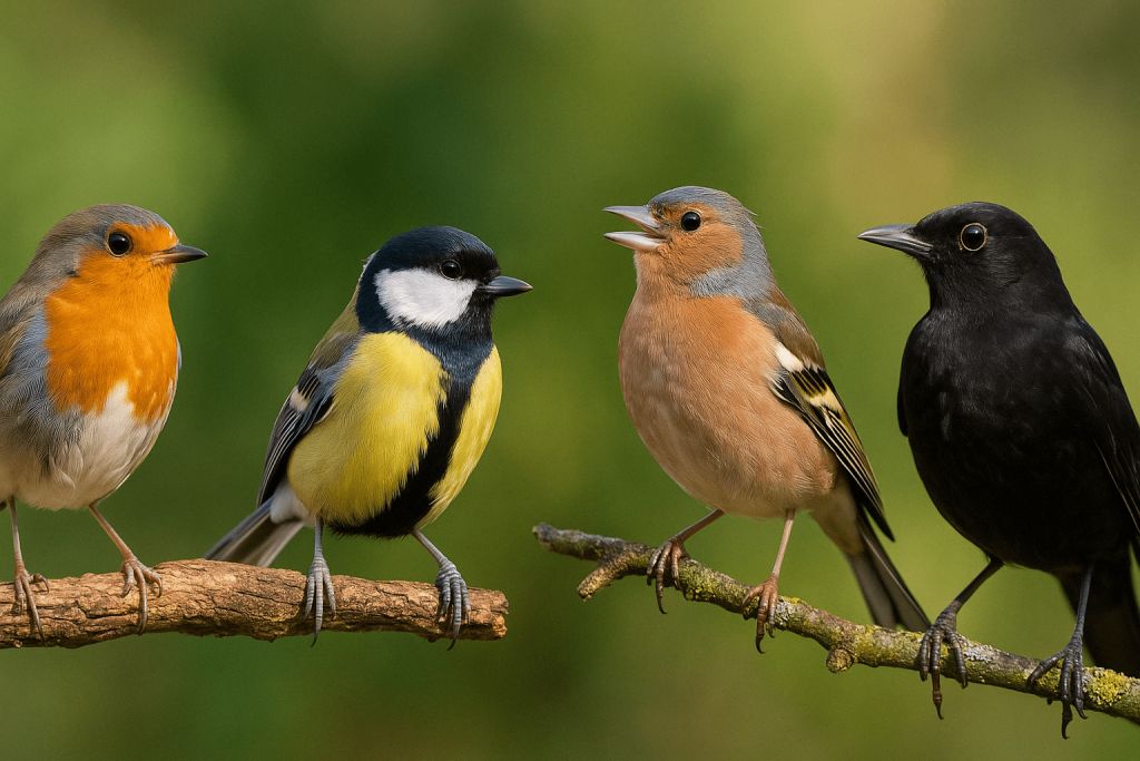 Un rouge-gorge, une mésange, un pinson et merle sur une branche