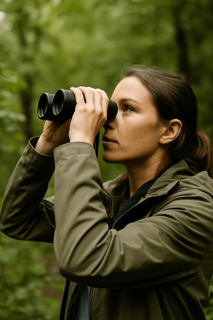 Une femme avec jumelles qui observe des oiseaux en forêt