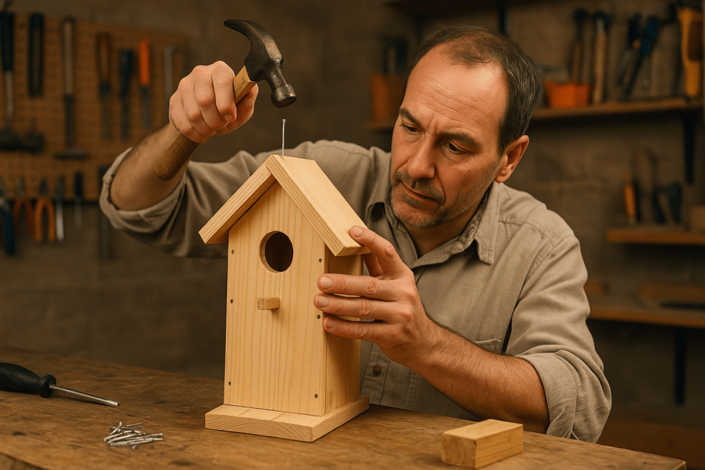 Homme fabriquant un nichoir à la main avec un marteau dans un atelier
