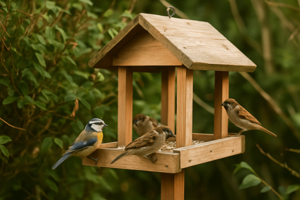 Une mangeoire avec plusieurs petits oiseaux dessus
