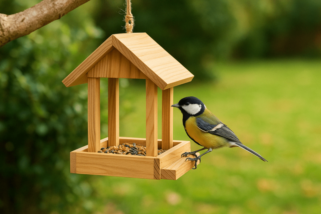 Une mésange sur une mangeoire accrochée à une branche