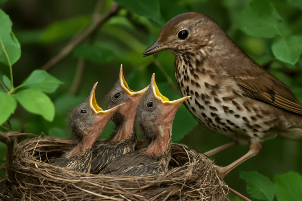 Un oiseau qui nourri des oisillons dans un nid