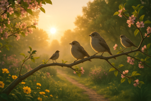 Des oiseaux installés sur une branche pas un matin de printemps