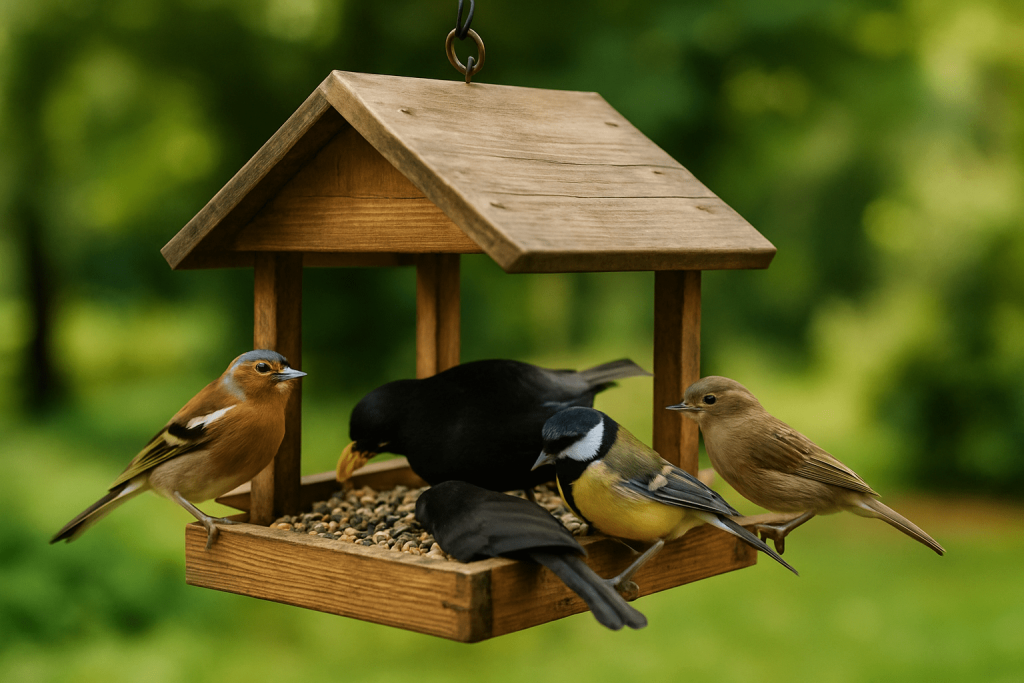 Des oiseaux en train de manger des graines dans une mangeoire