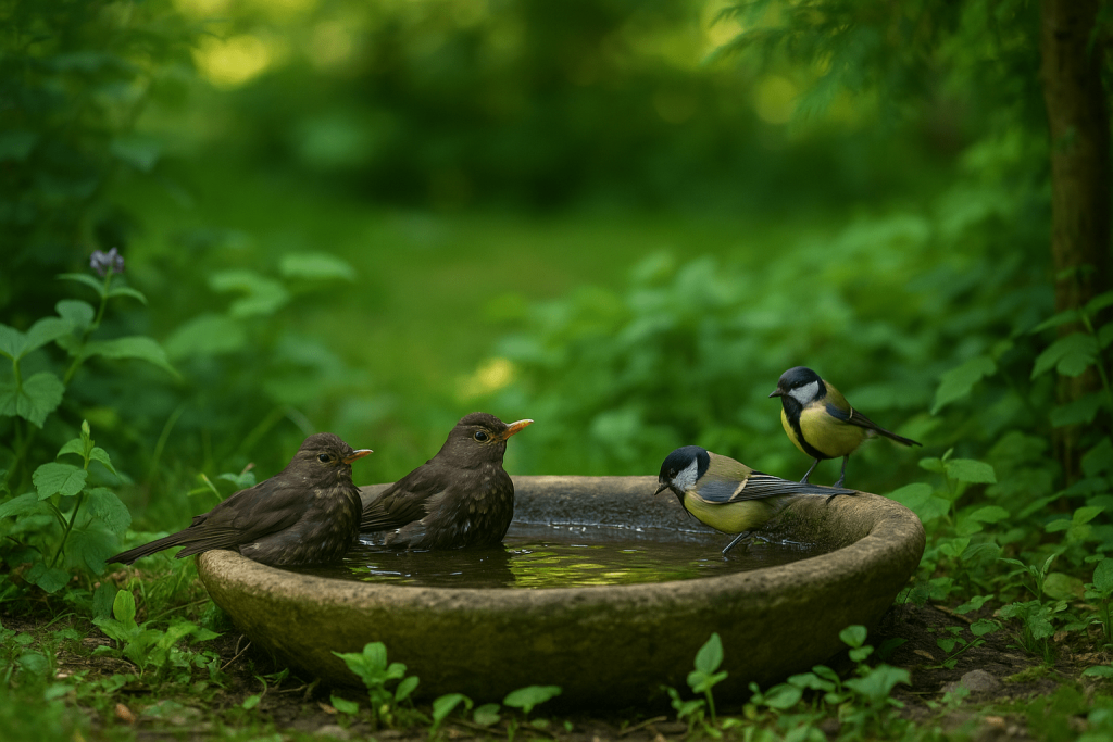 Des oiseaux en train de se baigner dans une soucoupe d'eau
