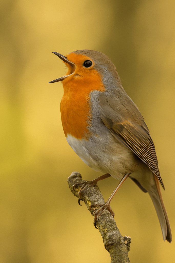 Un rouge-gorge installé sur une branche qui chante tranquillement