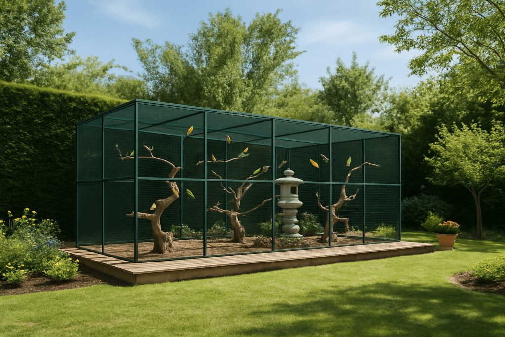 Une volière avec des oiseaux dans un jardin